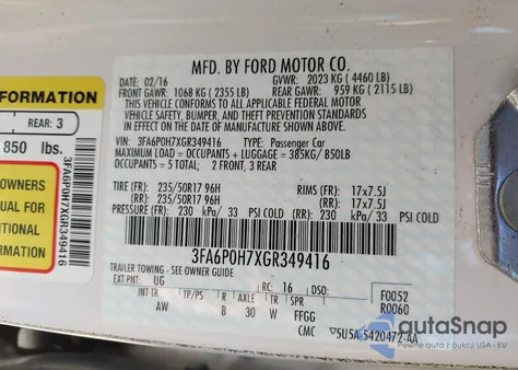 2016 Ford Fusion Se z USA, uszkodzony, nr VIN 3FA6P0H7XGR349416
